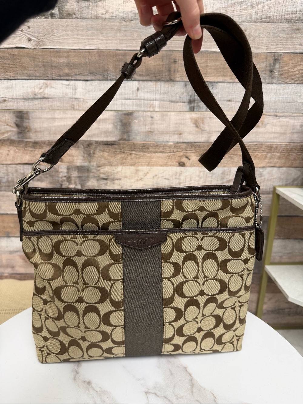 Coach Tan & Brown Signature Stripe Messenger Crossbody